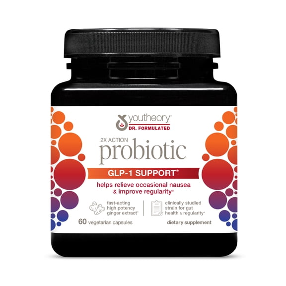 Youtheory 2X Action Probiotic - GLP-1 Support for Gut & Digestive Health* - Clinically Studied Probiotic - Prebiotic Fiber & Fast-Acting Ginger Extract - Gluten & Soy Free - 60 Vegetarian Capsules