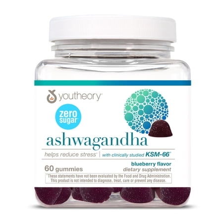 Youtheory Ashwagandha Gummies - With Organic KSM-66 Ashwagandha - Herbal Blend to Support Stress Relief & Energy Levels* - Helps Support Mood* - Sugar Free - Blueberry Flavor - 60 Vegan