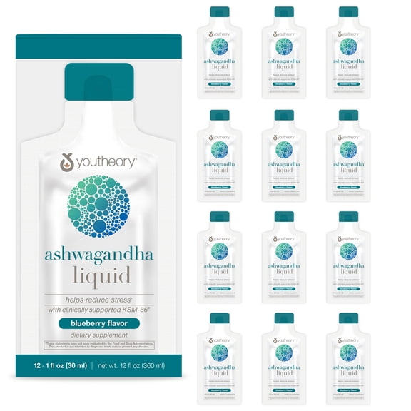 Youtheory Ashwagandha Liquid Blueberry Flavor, Help Reduce Stress, 12 Single Serving Packets
