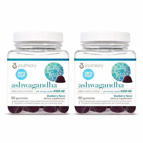 Youtheory Ashwagandha - Vegetarian Energy & Stress Support Supplement with Organic KSM-66 & Ginger Extract - Zero Sugar - Blueberry, 60 Gummies, Pack of 2 (60-Day Supply)