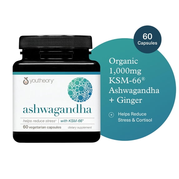 Youtheory Ashwagandha - With Organic KSM-66 Ashwagandha - Herbal Blend to Support Stress Relief & Energy Levels* - Helps Support Mood* - 60 Vegetarian Capsules (30-Day Supply)