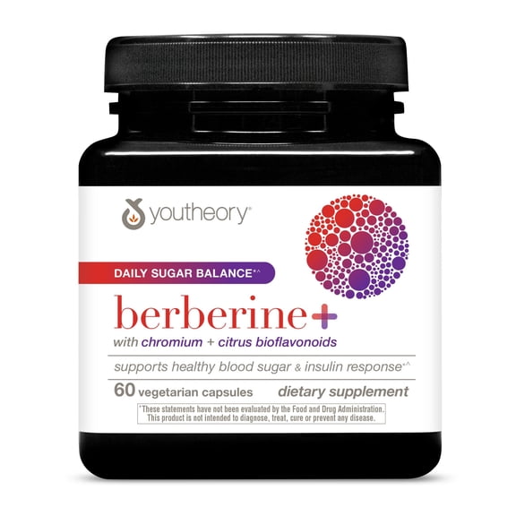 Youtheory Berberine+ Daily Sugar Balance Supplement, 600mg Berberine HCl, 60 Veg Capsules (30 Day Supply), With Chromium & Citrus Bioflavonoids, Supports Healthy Blood Sugar & Insulin Response