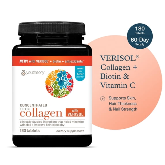 Youtheory Concentrated Effect Collagen with Verisol - Advanced Collagen Supplement - Supports Skin, Hair Thickness & Nail Strength - with Biotin & Vitamin C - Gluten, Soy & Dairy Free - 180 Tablets