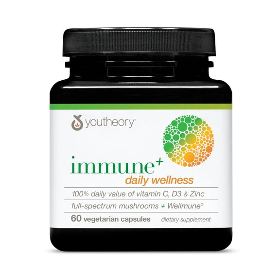 Youtheory Immune+ Daily Wellness with Vitamin C, D3 & Zinc Vegetarian Capsules, 60 ct