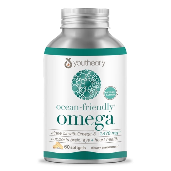 Youtheory Ocean Friendly Omega, Algae Oil with Omega-3, Supports Brain, Eye, and Heart Health, 60 Softgels