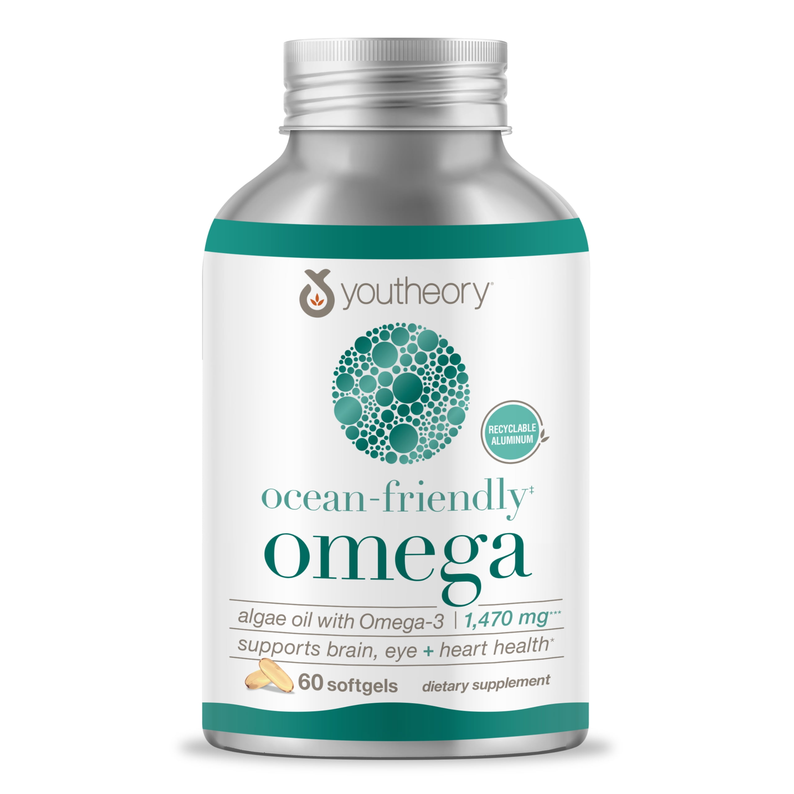 Youtheory Ocean Friendly Omega, Algae Oil with Omega-3, Supports Brain, Eye, and Heart Health, 60 Softgels