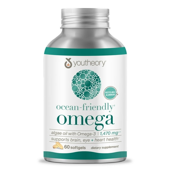Youtheory Ocean Friendly Omega, Algae Oil with Omega-3, Supports Brain, Eye, and Heart Health, 60 Softgels