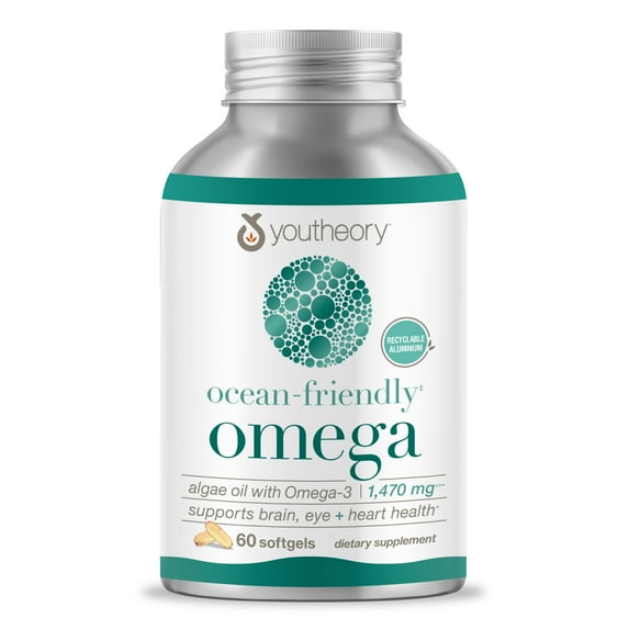Youtheory Ocean Friendly Omega, Algae Oil with Omega-3, Supports Brain, Eye, and Heart Health, 60 Softgels