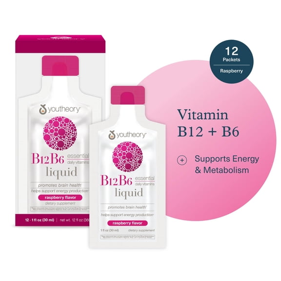 Youtheory B12B6 Liquid - Vitamin B12 & B6 - Supports Mood, Nervous System & Metabolism* - Aids Memory & Stress Management* - Raspberry Flavor - 1 oz Single Serve Packet, Pack of 12