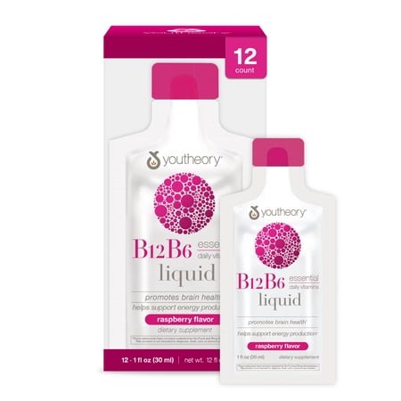 Youtheory B12B6 Liquid - Vitamin B12 & B6 - Supports Mood, Nervous System & Metabolism* - Aids Memory & Stress Management* - Raspberry Flavor - 1 oz Single Serve Packet, Pack of 12