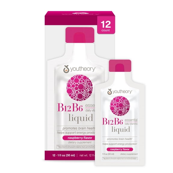 Youtheory Vitamin B12 B6, Daily Energy and Brain Support Supplement, Liquid Raspberry Flavor, 1oz Single Serving Packets