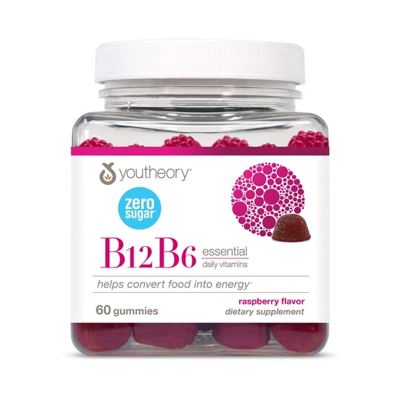 Youtheory B12B6 Gummies - Vitamin B12 & B6 - Supports Mood, Nervous System & Metabolism* - Aids Memory & Stress Management* - Sugar Free - No Dairy, Soy or Gluten - 60 Gummies (60 Servings)*