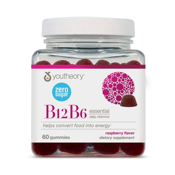 Youtheory Vitamin B12 B6 Gummy, Daily Energy and Brain Support Supplement, Raspberry Flavor, Vegan, 60 Count