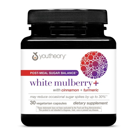 Youtheory White Mulberry+ Post-Meal Sugar Balance Supplement, 30 Veg Capsules (30 Day Supply), White Mulberry Extract with Cinnamon & Turmeric, Supports Healthy Blood Sugar Levels & Insulin Response