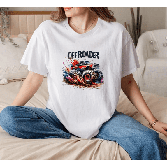 Youthful Off Roader Cartoon Adventure Casual Outfit Graphic Print Fun Unisex T-Shirt, for men & women, up to size 5XL