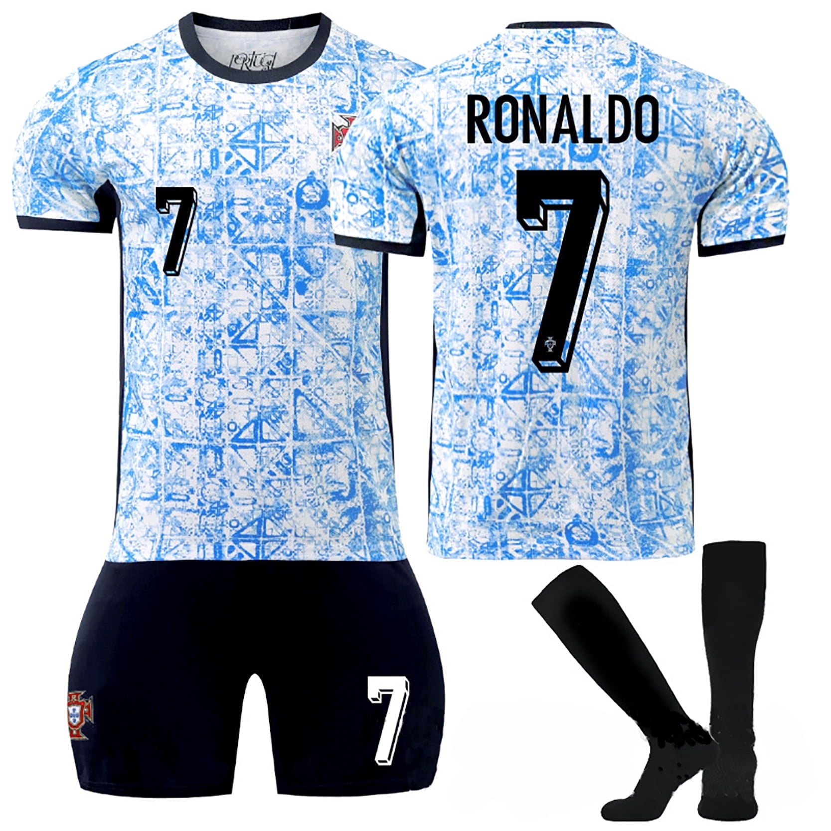 Youths 2024 Portugal Away 7 Ronaldo Jersey Soccer Kids Soccer Set Blue