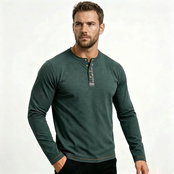 Youthup Men's Casual Henley Long Sleeve T-Shirt with Four-Button Detail & Color Block Design for Daily Wear