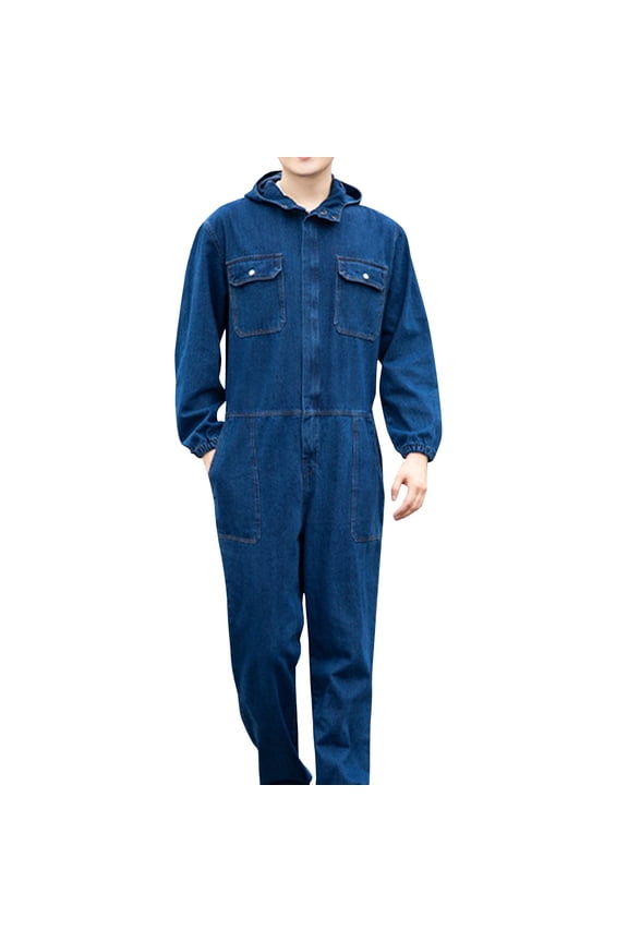 Big&Tall Men's Casual Solid Denim Utility Jumpsuit with Multiple Pockets for Work & Spring/Fall Wear - Durable Workwear Overalls