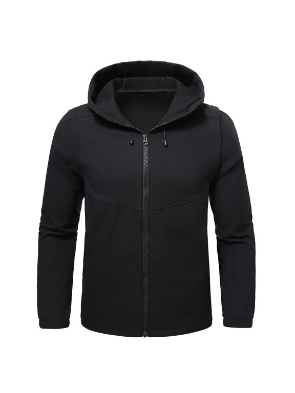 Men's Casual Solid Hooded Jacket, Detachable Sleeve Fleece Lined Stand Collar Loose Fit Convertible Jacket for Urban Wear
