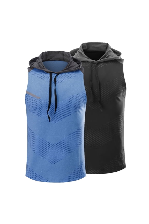 Men's Hooded Sleeveless Tank Tops 2-Pack - Quick-Dry Workout Shirts with Reflective Strips, Summer Athletic Tops
