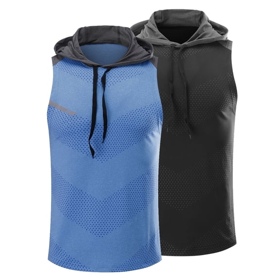 Youthup Men's Hooded Sleeveless Tank Tops 2-Pack - Quick-Dry Workout Shirts with Reflective Strips, Summer Athletic Tops