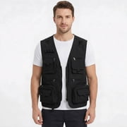 Men's Lightweight V-Neck Utility Vest with 13 Pockets - Zippered Casual Sleeveless Jacket for Outdoor Sports, Travel, Hiking (Polyester, Seasonless Layering)