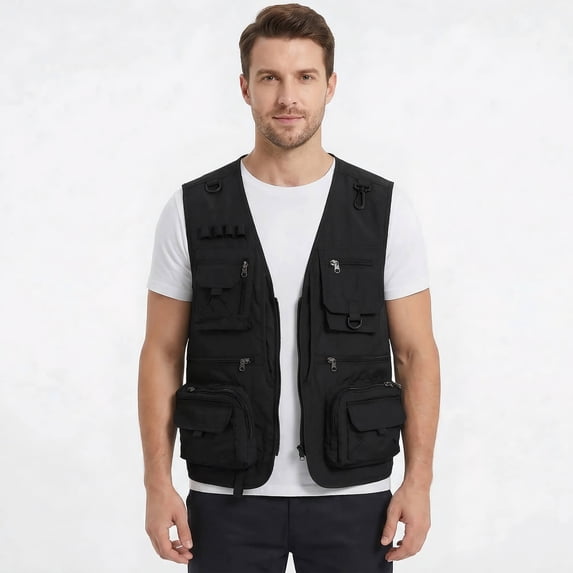 Youthup Men's Lightweight V-Neck Utility Vest with 13 Pockets - Zippered Casual Sleeveless Jacket for Outdoor Sports, Travel, Hiking (Polyester, Seasonless Layering)