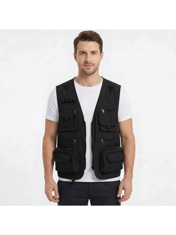 Men's Lightweight V-Neck Utility Vest with 13 Pockets - Zippered Casual Sleeveless Jacket for Outdoor Sports, Travel, Hiking (Polyester, Seasonless Layering)