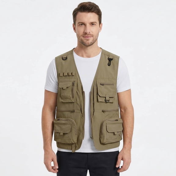 Youthup Men's Lightweight V-Neck Utility Vest with 13 Pockets - Zippered Casual Sleeveless Jacket for Outdoor Sports, Travel, Hiking (Polyester, Seasonless Layering)