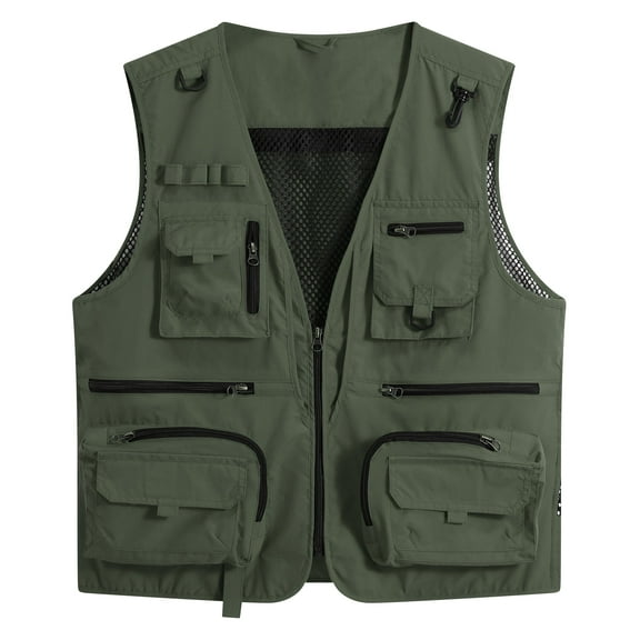 Youthup Men's Lightweight V-Neck Utility Vest with 13 Pockets - Zippered Casual Sleeveless Jacket for Outdoor Sports, Travel, Hiking (Polyester, Seasonless Layering)