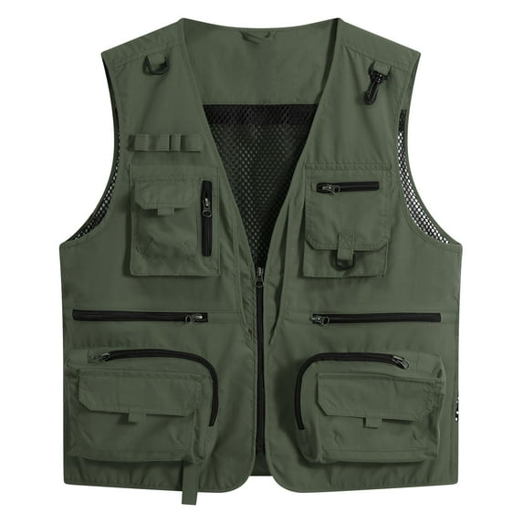 Youthup Men's Lightweight V-Neck Utility Vest with 13 Pockets - Zippered Casual Sleeveless Jacket for Outdoor Sports, Travel, Hiking (Polyester, Seasonless Layering)