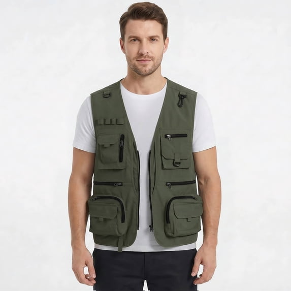 Youthup Men's Lightweight V-Neck Utility Vest with 13 Pockets - Zippered Casual Sleeveless Jacket for Outdoor Sports, Travel, Hiking (Polyester, Seasonless Layering)