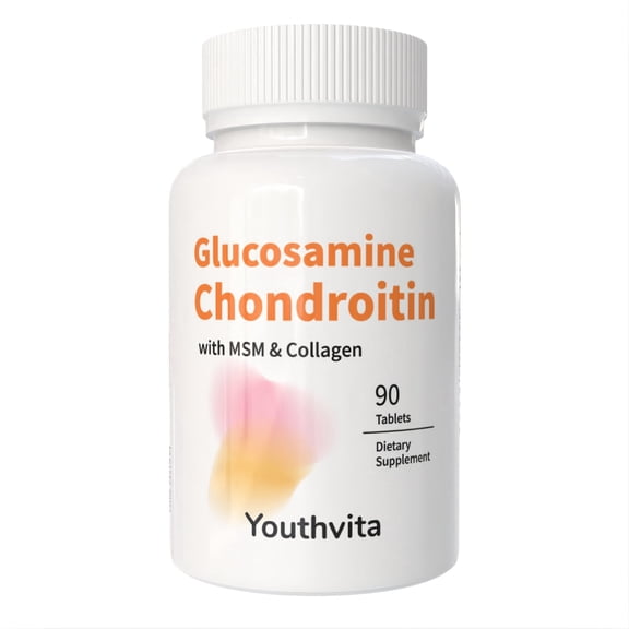 Youthvita Premium Glucosamine Chondroitin MSM Tablets with Grass-Fed Collagen, Shellfish-Free & Non-GMO, 90 Ct