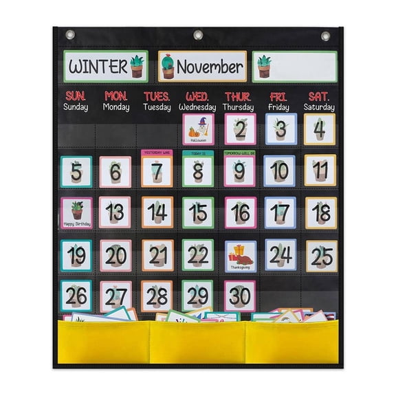 Youthyao Calendar Pocket Chart with 89 Cards, Teaching Calendar, 20.07x23.62In Classroom Wall Pocket Chart for Calendar Learning