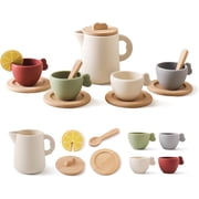 Youuys 14-Piece Wooden and Silicone Tea Set for Kids Ages 3-6 with Serving Tray