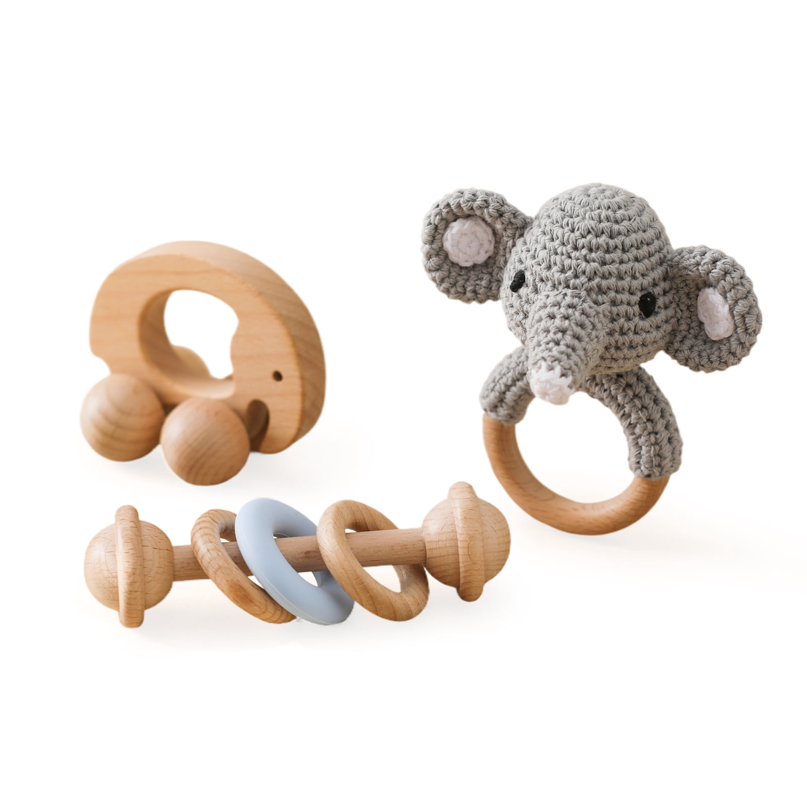 Youuys 3-Piece Baby Rattle Set with Crochet Elephant, Wooden Push Car ...