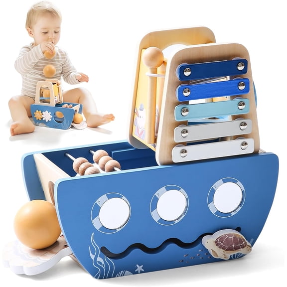 Youuys 5-in-1 Wooden Activity Cube for Toddlers, Ocean Boat Toy with Shape Sorter, Xylophone, Gears, Bead Maze and Turtle Track