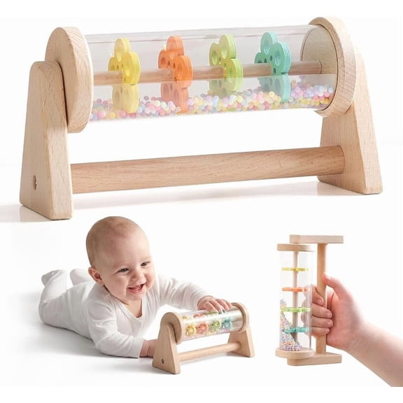 Youuys Rain Stick Toy with Wooden Stand, Tummy Time Sensory Rainmaker for Babies