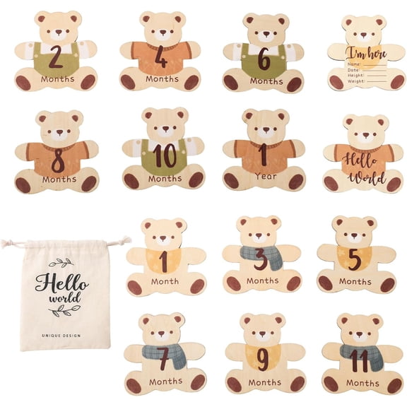 Youuys Wooden Baby Milestone Cards, Bear-Shaped Monthly Photo Props, 112 Months