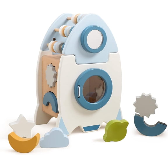 Youuys Wooden Rocket Activity Cube with 6 Shape Blocks, Bead Maze, Mirror, Opening Door and Star Spinner, 5-in-1 Toddler Busy Toy