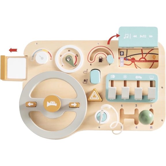 Youuys Wooden Steering Wheel Busy Board for Kids Ages 3+, Pretend Driving Activity Toy