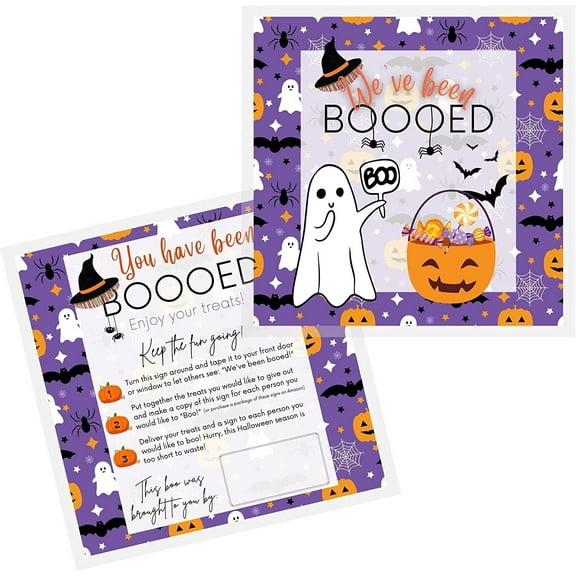 Youve Been Booed Fall Halloween Door Signs Boo Your Neighbors Game 25 pk 8x8 Flyers Leave on Porch with Treats Basket Poem Copy and Pass it on Purple