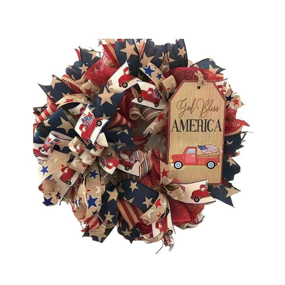Youweixiong 4th of July Decoration Patriotic Wreath for Front Door USA Flag Red White and Blue Grapevine Wreaths