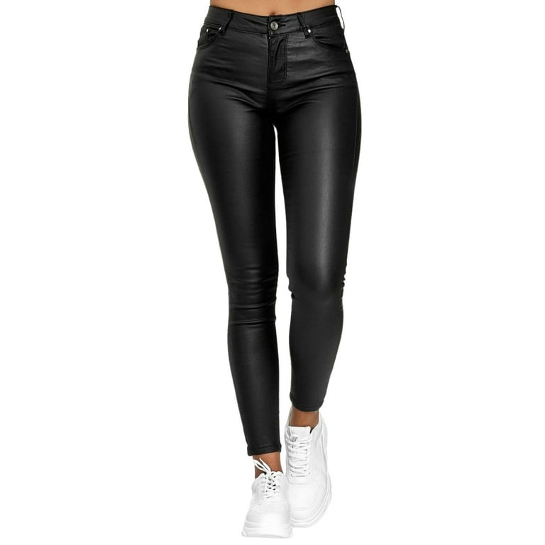 Womens High Waist Stretch Leather Look Jeans