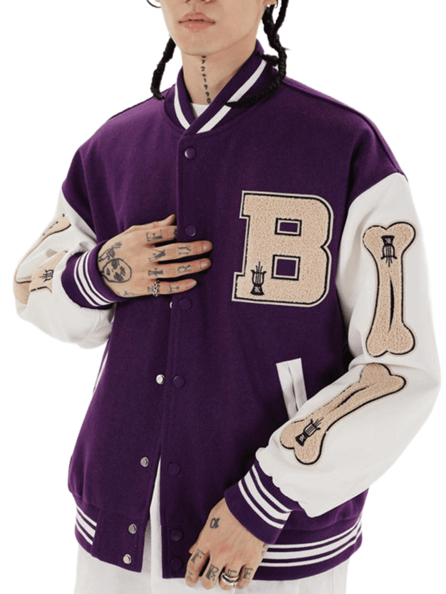 Youweixiong Women Baseball Jacket Leather Long Sleeve Bone Letter Embroidery Varsity Coat, Women's, Size: 2XL, Purple