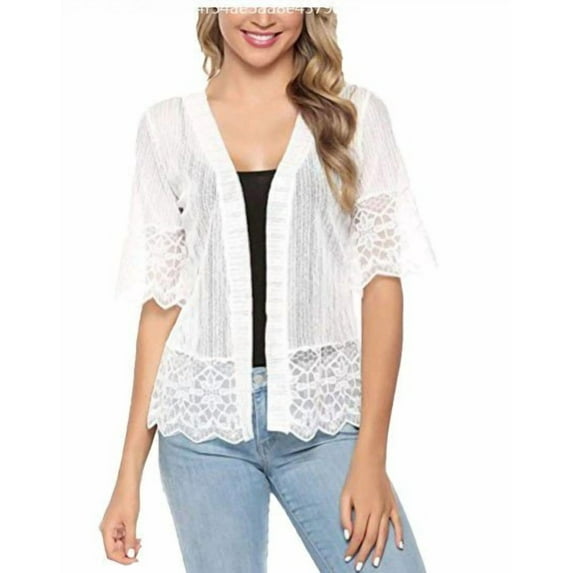 Youweixiong Women Casual Lace Sheer Shrug Crochet Cardigans Half Sleeve Open Front Cover Up Stripe Jacket Sweater