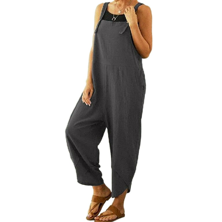 Youweixiong Women Long Cotton Linen Baggy Jumpsuit Adjustable Straps Wide  Leg Bib Pants Classic Overalls with Pockets