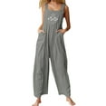 thumbnail image 1 of Youweixiong Womens Wide Leg Overall Jumpsuit Plus Size Printed Baggy Romper Cotton Linen Bib Overalls with Pocket, 1 of 5