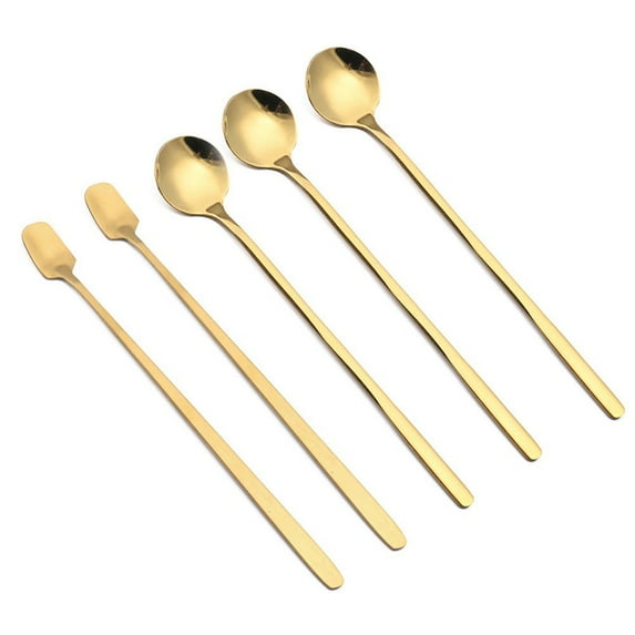 Youworth Gold 5 Long Handle Teaspoons Tea Spoon Stainless Steel Ice Cream Mixing Latte Coffee