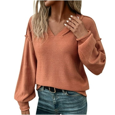 Youyipin 2024 Fall Sweater for Women European and American Casual Seam Exposed Sweaters Long Sleeve Solid V-Neck Sweater Tops